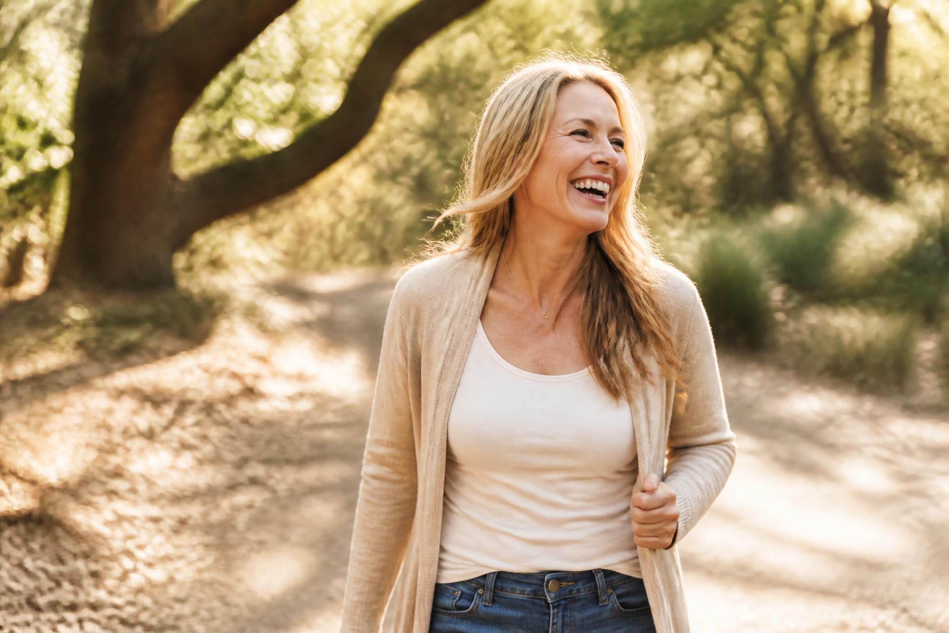 A woman laughing while walking outdoors in warm morning light