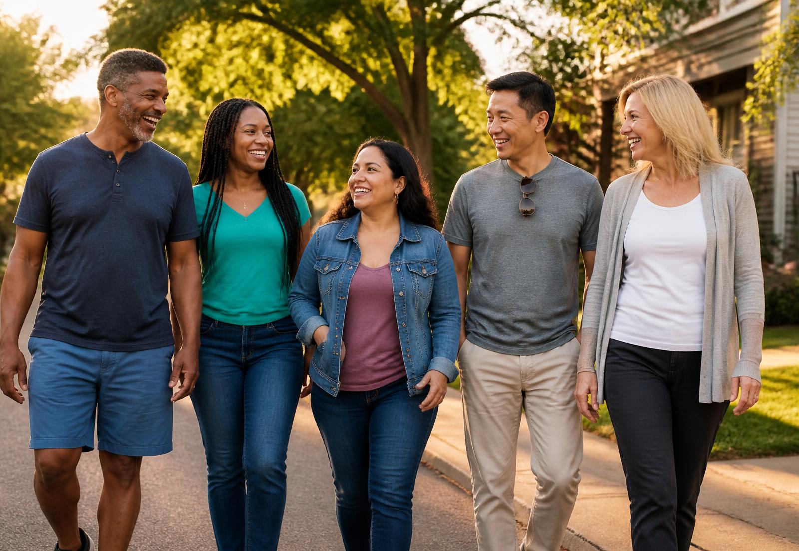 A racially diverse group of adults of different ages walking and laughing together on a neighborhood street