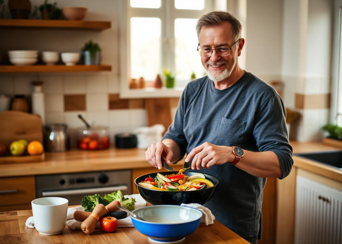 A man in his fifties preparing a colorful healthy meal in a bright kitchen