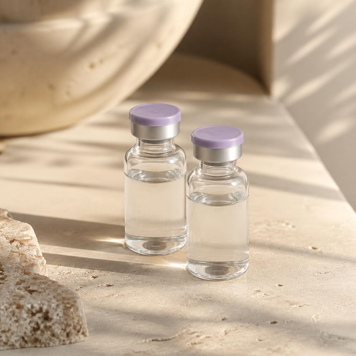 Two clean unbranded medication vials with lavender caps